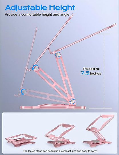 JCZT Adjustable Laptop Stand, 360° Rotating Base Ergonomic Computer Stand, Foldable Laptop Stand for Desk for Office Home Fits Compatible with MacBook Pro Air (10-16") - Pink