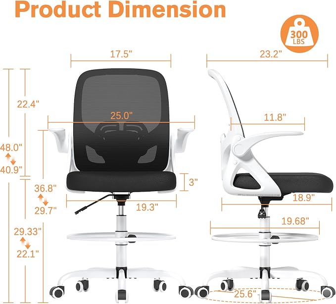 ORRSAKER Drafting Chair, Tall Office Chair with Flip-up Arms, Mesh Ergonomic Computer Standing Desk Chair with Adjustable Height Foot Ring and Lumbar Support, 300 LBS Capacity, White