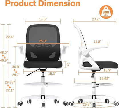 ORRSAKER Drafting Chair, Tall Office Chair with Flip-up Arms, Mesh Ergonomic Computer Standing Desk Chair with Adjustable Height Foot Ring and Lumbar Support, 300 LBS Capacity, White