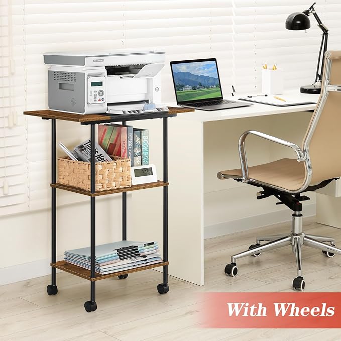 Large Printer Stand with Storage Rolling Printer Cart with Wheels 3 Tier Printer Table with Storage Shelf for Home Office Filing Scanner Fax Machine Heat Press Microwave, Rustic Brown