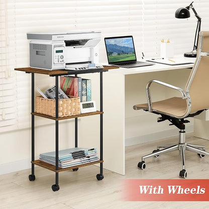 Large Printer Stand with Storage Rolling Printer Cart with Wheels 3 Tier Printer Table with Storage Shelf for Home Office Filing Scanner Fax Machine Heat Press Microwave, Rustic Brown