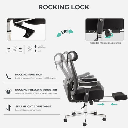 600lbs Big and Tall Office Chair with Wider W-Shaped Thick Seat Cushion, Ergonomic Computer Mesh Desk Chairs for Heavy People, Computer Chair, Adjustable Lumbar Support, 4D Armrests Footrest Headrest