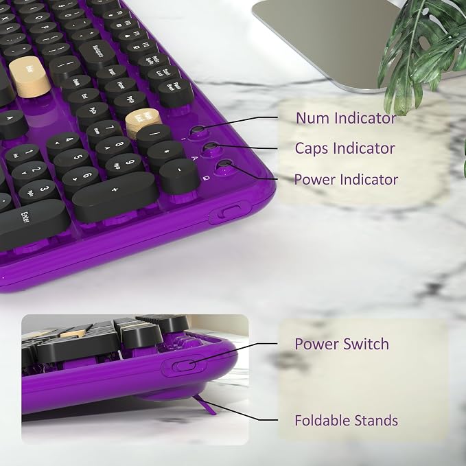 Colorful Wireless Keyboard and Mouse Combo, Retro Typewriter Style Round Keys, 2.4GHz Ergonomic Aesthetic Computer Keyboard with Wrist Rest for Mac, Windows, Laptop, PC(Violet Color)