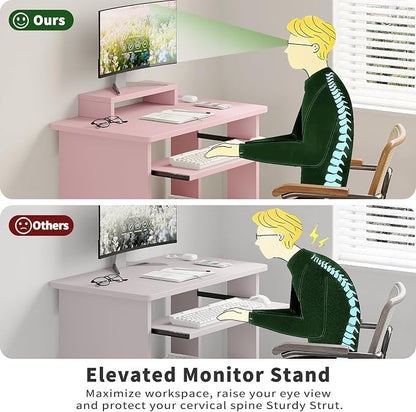 ALISENED 30" Small Computer Desk with Keyboard Tray Monitor Stand, Study Writing Desk with Storage Shelves, Modern Workstation for Small Spaces, Save Space, Black A