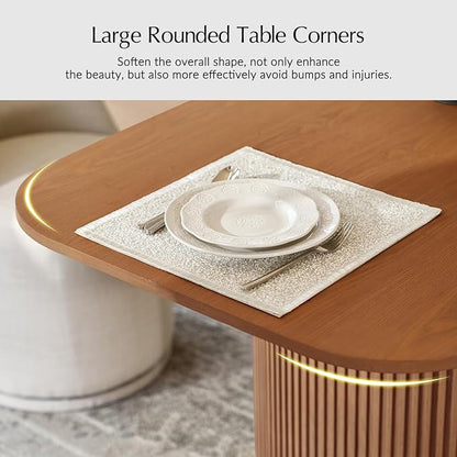 HULALA HOME 60"-80.75" Extendable Dining Table, Solid Wood Kitchen Table with Removable Leaves, Fluted Base, Mid-Century Modern Home Office Desk for Dining Living Study Room-Teak