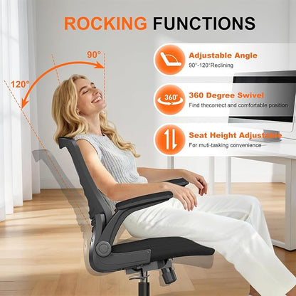 Ergonomic Office Chair – Comfy Mesh Desk Chair with Flip-Up Armrests & Smooth-Rolling Caster, Adjustable Height Home Computer Chair, Breathable & Supportive for Long Hours Sitting