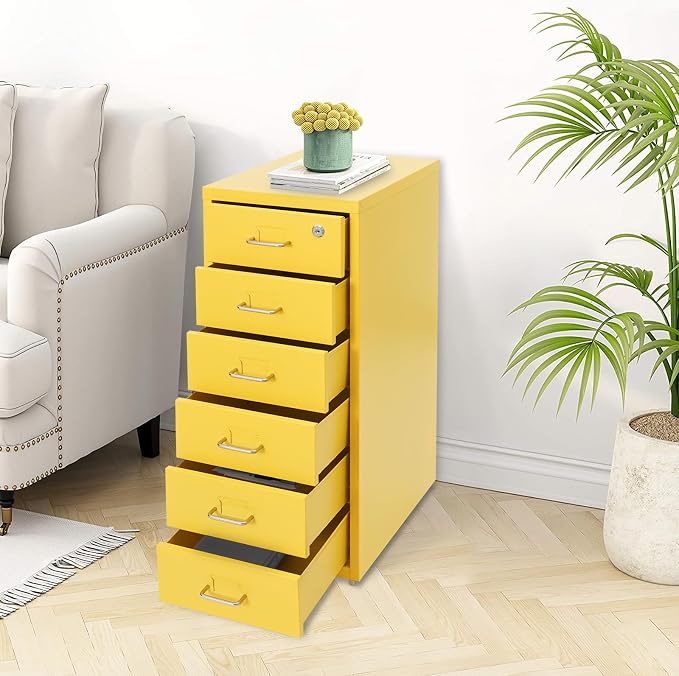 Vertical File Cabinet, 6 Drawers Rolling File Organizer Cabinets with Lock, Heavy Duty Metal Storage Cabinet, Movable Under Desk Filing Cabinet for Office, Study, Dresser (Yellow)