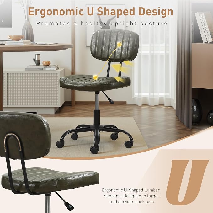 DRMBOOK Small Home Office Desk Chair with Wheels, Armless Comfy Vanity Chair Swivel Computer Task Chair No Arms, Modern Height Adjustable Low Back Rolling Chair for Small Space (PU Leather Green)