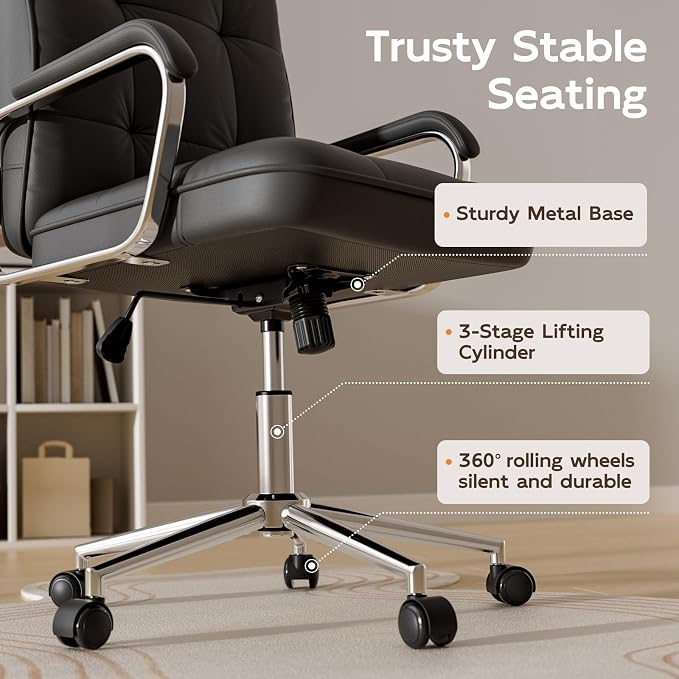 HomeZeer Black Office Chair, Mid Back Leather Desk Chair with Wheels and Padded Arms, Swivel Vanity Chair for Bedroom, Computer Chair for Study and Work