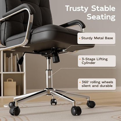 HomeZeer Black Office Chair, Mid Back Leather Desk Chair with Wheels and Padded Arms, Swivel Vanity Chair for Bedroom, Computer Chair for Study and Work