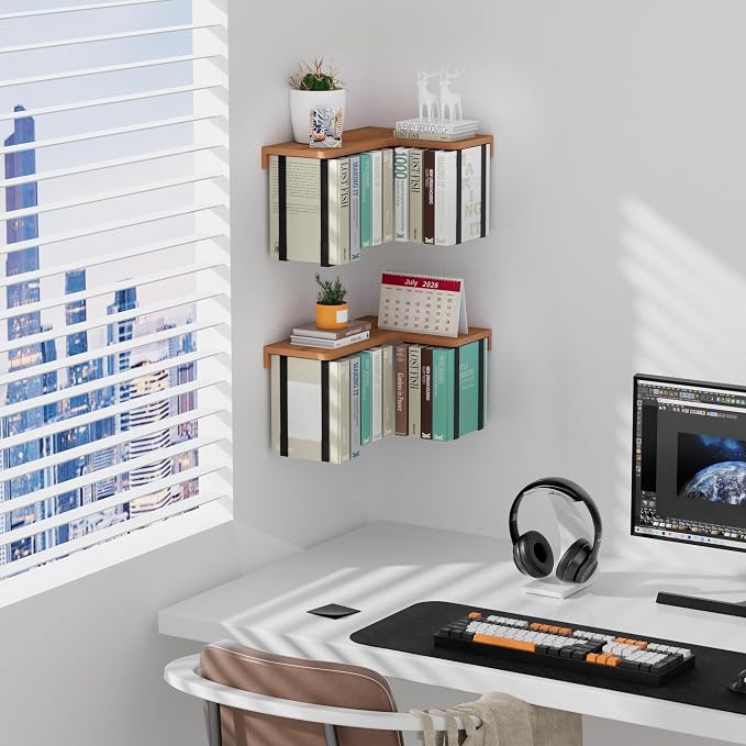 L-Shaped Corner Floating Shelves Set of 2, Floating Book Shelves for Wall | Pine Wood Wall Mount Floating Bookshelf with Hanging Strap Holds 9 Books, Hanging Hookshelf Display Shelf for Home Wall Decor