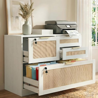 HOPUBUY 4 Drawer File Cabinet with Lock, Printer Stand Lateral Filing Cabinets for Home Office and School, Wood Rattan File Cabinet for Hanging Files/Letter/Legal/A4/F4 Size, White