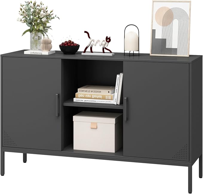 Steehoom Metal TV Cabinet with Doors and Shelves, Modern Metal Storage Cabinet, Coffee Bar TV Stand for Office, Living Room, Kitchen, Diningroom (Black, 47.24" D x 13.78" W x 29.53" H)
