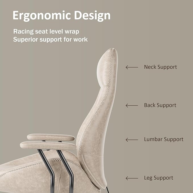 High Back Home Office Chair, Mid Century Vintage Executive Chair,Comfy Ergonomic Rolling Office Task Chair with Lumbar Support, Faux Leather Office Chair,Beige