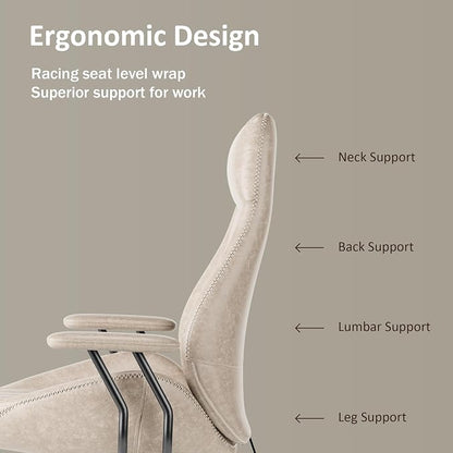 High Back Home Office Chair, Mid Century Vintage Executive Chair,Comfy Ergonomic Rolling Office Task Chair with Lumbar Support, Faux Leather Office Chair,Beige