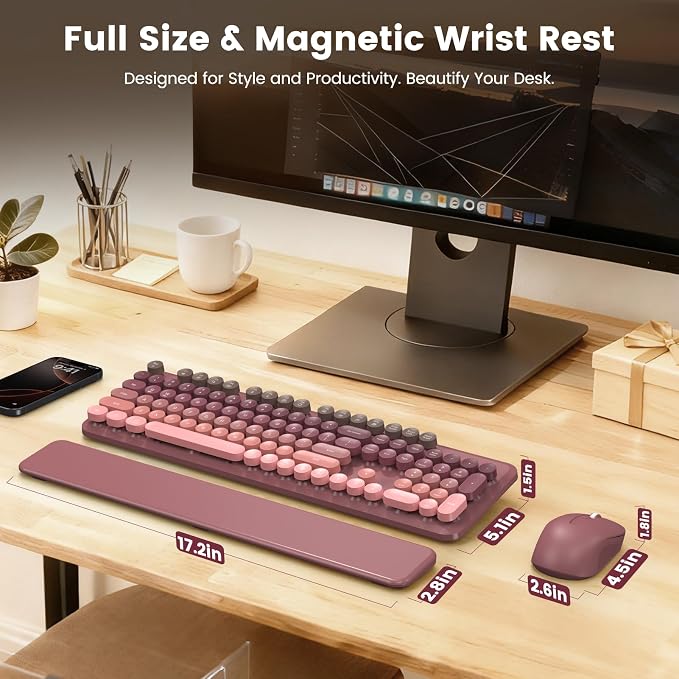 Wireless Keyboard and Mouse Combo, Cute Retro Typewriter Keyboard with Round Keycaps, Magnetic Wrist Rest, Full-Size Aesthetic Design, 2.4GHz Wireless for Mac, Windows PC, SABLUTE CK23, Pink Gradient
