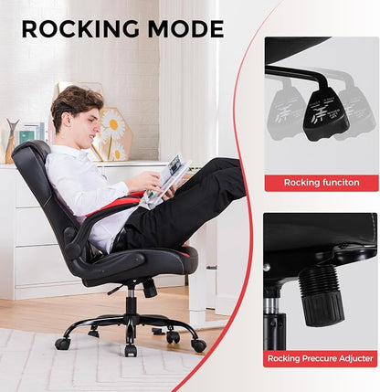 GTPLAYER Office Computer Gaming Chair Ergonomic Desk Chair for Adults with Lumbar Support Flip-Up Arms Adjustable Height Swivel Wheels PU Leather Executive Design for Short People Use, RED
