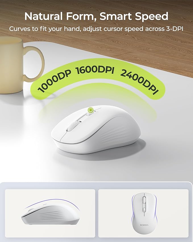 seenda Wireless Bluetooth Keyboard Mouse Combo, COE200 Ergonomic Keyboard with Wrist Rest, Silent Mouse, Multi-Device Connection, Full-Size Compatible for Windows PC Laptop Mac MacBook, White