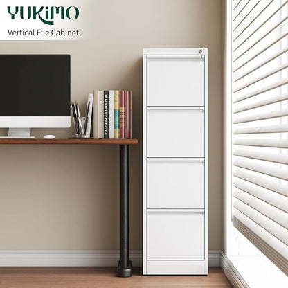 4 Drawer File Cabinet with Lock, Metal Vertical Filing Cabinet, Filing Cabinets for Home Office, Locking File Cabinet Hanging Files for A4/ Legal/Letter, Require Assembly, White