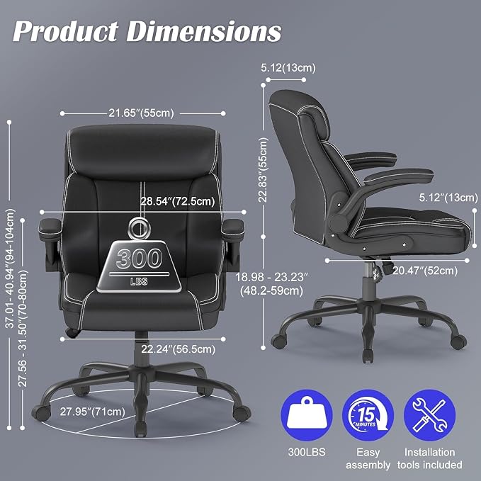 AnyGod 1Pcs Office Chair for Men Women Home Office Pu Leather 360 Swivel Rocking Function Ergonomic Chair with Flip-Up Arms Lumbar Support Rolling Wheels Adjustable Height -Black Size