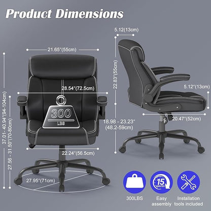 AnyGod 1Pcs Office Chair for Men Women Home Office Pu Leather 360 Swivel Rocking Function Ergonomic Chair with Flip-Up Arms Lumbar Support Rolling Wheels Adjustable Height -Black Size