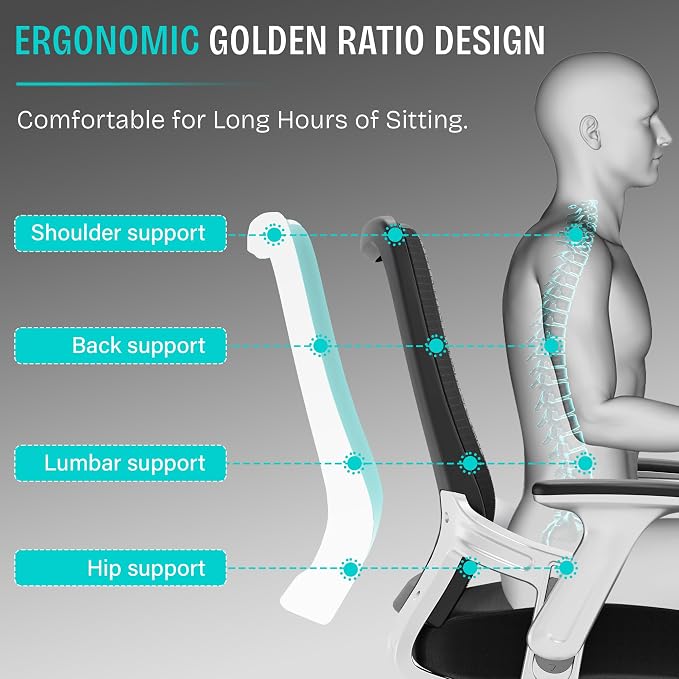 SUNNOW Office Chair, Ergonomic Computer Desk Chair, Sturdy Executive Task Chair - Adjustable Lumbar Support, Flip-up Arms, Tilt Function, Comfy Wide Seat, Swivel Mesh Home Office Desk Chairs (Black)