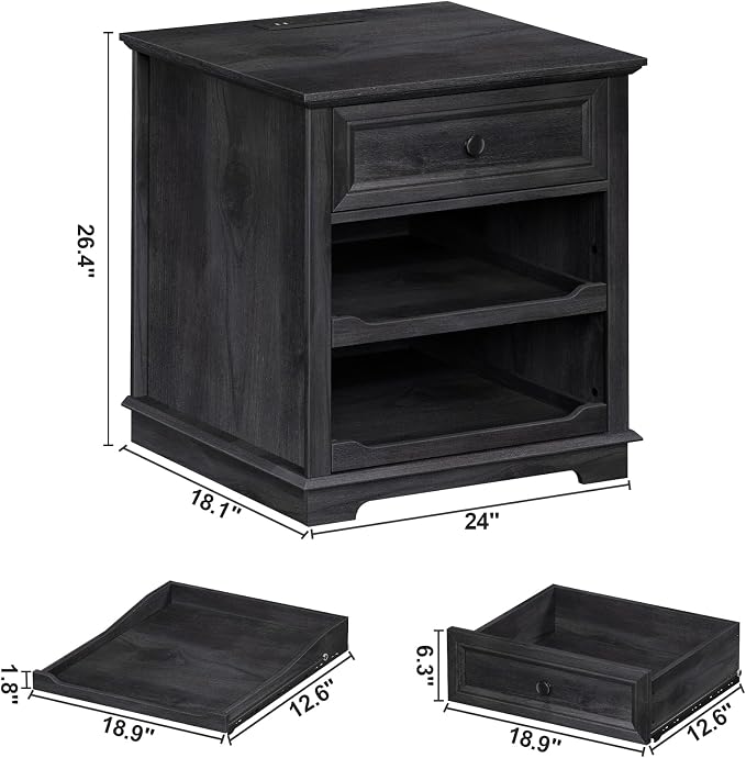 REDAYFUR Lateral File Cabinet 3 Drawer File Cabinet with Charging Station, Printer Stand with Open Adjustable Storage Shelves, Lateral Filing Cabinet for Home Office, Black