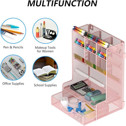 BOHDK Pen Organizer for Desk, Multi-Functional Desk Organizer, Wall Mount Pen Holder with Drawer for School, Office, Home, Art Supplies, Pink