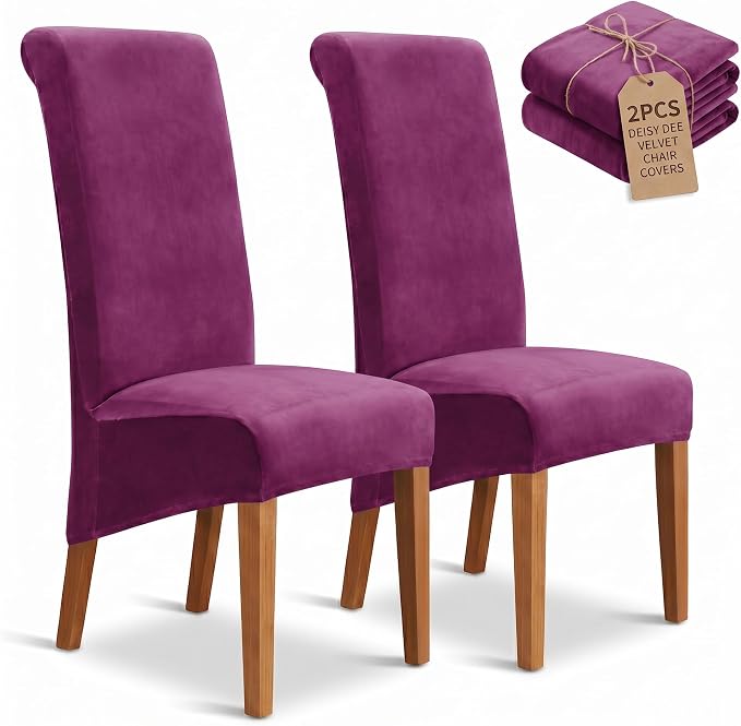 Deisy Dee Stretch XL/Oversized Extra Large Velvet Dining Room Chair Covers for Kitchen Dining，Removable Washable Chair Protectors Slipcovers (Purple, 4)
