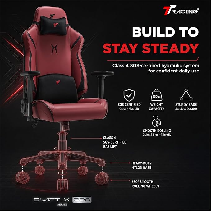 TTRACING Ergonomic Gaming Chair with 22-Inch Extra Wide Seat | Premium cold-molded foam desk seating for home office setup. Features 135° recline and heavy-duty frame Red