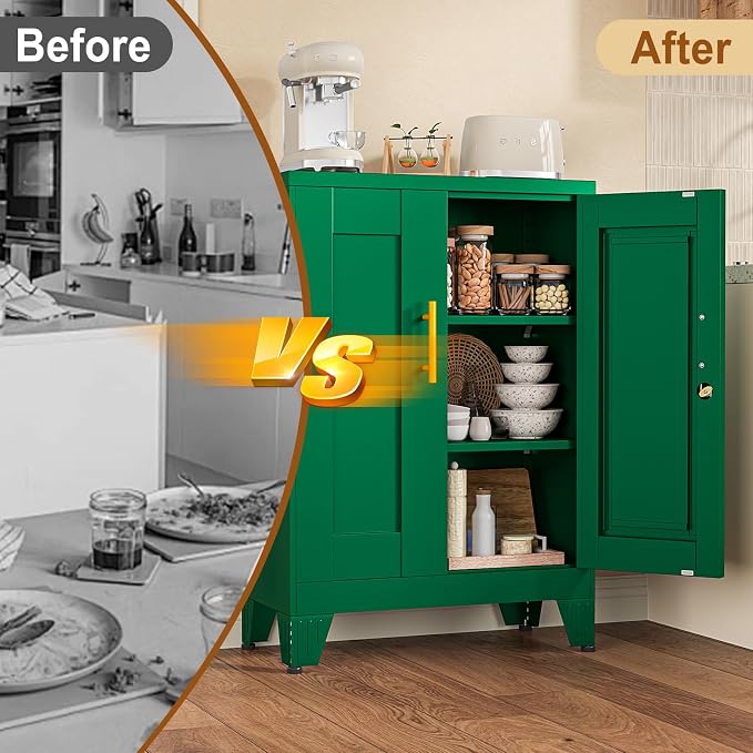 36" Metal Garage Storage Cabinet with Lock,Lockable Office File Cabinet with 2 Doors and 2 Adjustable Shelves,Outdoor Steel Locker Organizer for Home Office,Gym,School,Warehouse(Green)
