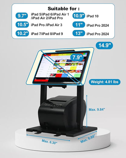 ZYWELL TS31 iPad POS Stand with Ticket Printer Shelf for POS, with 180°& 360° Tilting All Metal no Installation Supports Wall mounting Suitable for 9.7"-13" Tablets