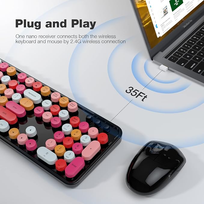 Dilter Wireless Keyboard and Mouse Combo, 104 Keys Full-Sized 2.4 GHz Round Keycap Typewriter Keyboards, USB Receiver Plug and Play, for Windows, Computer, PC, Laptop, Desktop (Black Colorful)