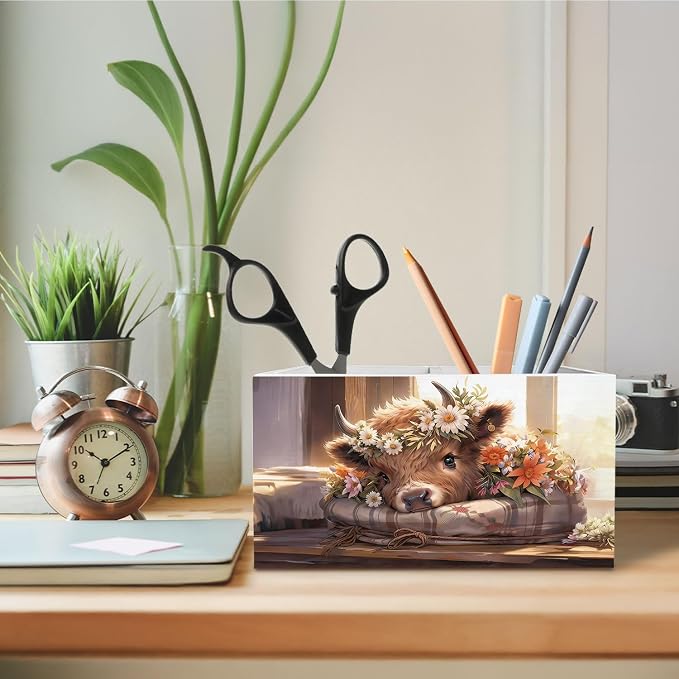 Highland Cow Pen Holder for Desk, Rustic Floral Farm Heifer Wooden Box Sign Desk Decor for Home Office Decoration, Highland Cow Gifts Pencil Organizer, Gifts for Cows Lovers