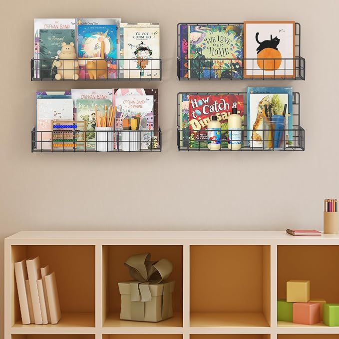 MFTEK Wall Mounted Metal Kids Bookshelf - Wall Book Shelf for Kids Rooms, Hanging Book Shelves Organizer for Room Decor, Nursery Classroom Home Floating Bookshelves Gloss Black 4 Pack