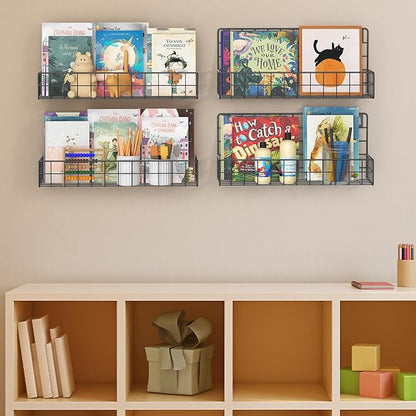 MFTEK Wall Mounted Metal Kids Bookshelf - Wall Book Shelf for Kids Rooms, Hanging Book Shelves Organizer for Room Decor, Nursery Classroom Home Floating Bookshelves Gloss Black 4 Pack