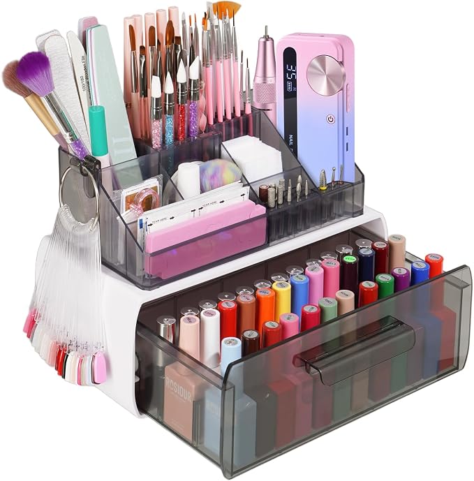 Wilfniee Nail Tech Desk Organizer Case: 2 Layers Nail Tech Organizers with Nail Polish Storage Drawer- 53 Holes Nail Drill Bits & Nail Brushes Pens Holder for Manicure Nail Supplies (Grey)