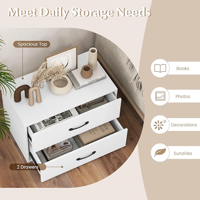 2 Drawer Lateral File Cabinet, Stackable Home Office Drawers, Under Desk Printer Stand, Low Storage Organizer, Horizontal Wooden Filing Cabinet for Study Living Room, No Wheels (1, White)