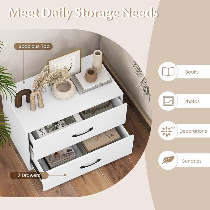 2 Drawer Lateral File Cabinet, Stackable Home Office Drawers, Under Desk Printer Stand, Low Storage Organizer, Horizontal Wooden Filing Cabinet for Study Living Room, No Wheels (2, White)