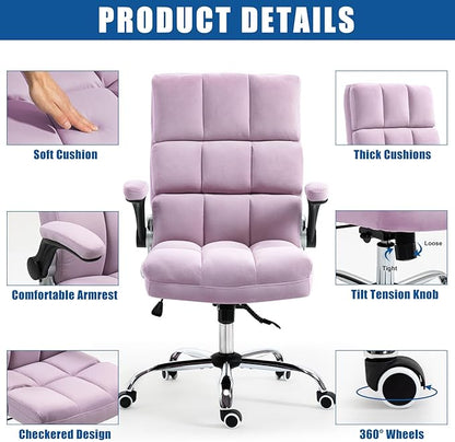 ECOTOUGE Executive Office Chair, Velvet Ergonomic Comfy Desk Chair, High Back Computer Chair with Adjustable Tilt Angle and Flip-up Arms (Violet, Without Footrest)