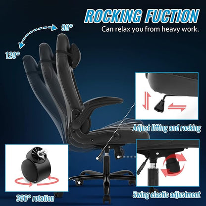 BestOffice PC Gaming Chair Ergonomic Office Chair Desk Chair with Lumbar Support Flip Up Arms Headrest PU Leather Executive High Back Computer Chair for Adults Women Men (Black)