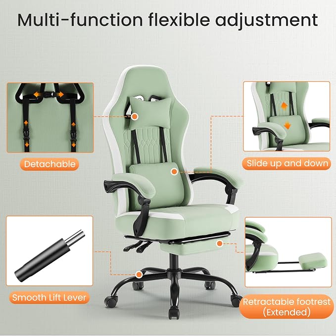 DUMOS Gaming Chair with Linkage Armrests, Video Game Chairs with Pocket Spring Cushion, Ergonomic Computer Silla Gamer Office Desk Chair with Footrest for Adults & Students, Green