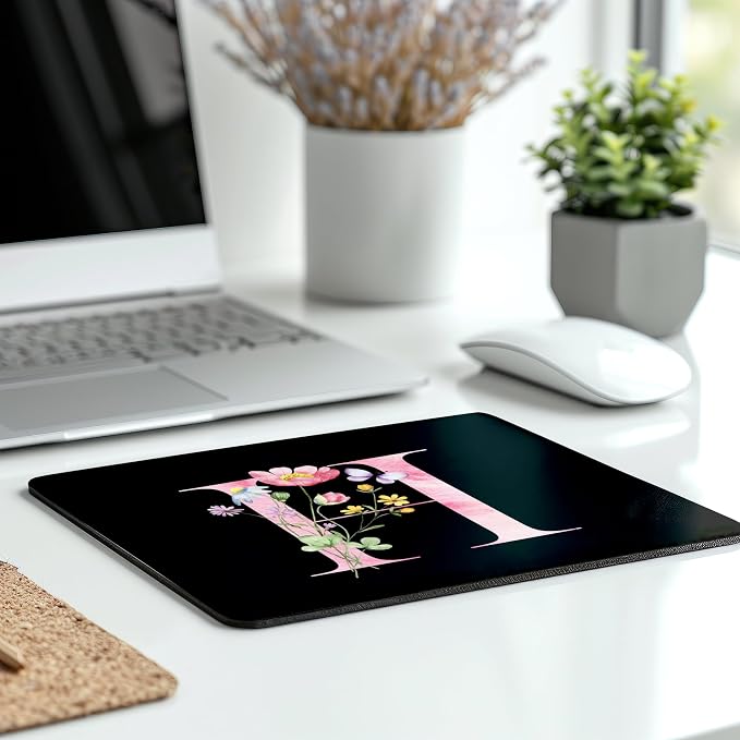 Mouse Pad Pinks Flowers Initial Letters Mousepad Desktop Laptop Computer Accessories Home Office Gaming Work Desk Computer Non-Slip Rubber Monogram Floral Alphabet A-Z mousepad (H)