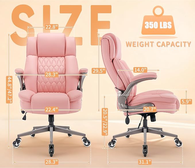 Large High Back Office Chair - Adjustable Lumbar Support Flip Up Arms Heavy Duty Quiet Wheels Metal Base Breathable Bonded Leather Ergonomic Executive Computer Desk Chair with Storage Bags, Pink