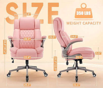 Large High Back Office Chair - Adjustable Lumbar Support Flip Up Arms Heavy Duty Quiet Wheels Metal Base Breathable Bonded Leather Ergonomic Executive Computer Desk Chair with Storage Bags, Pink