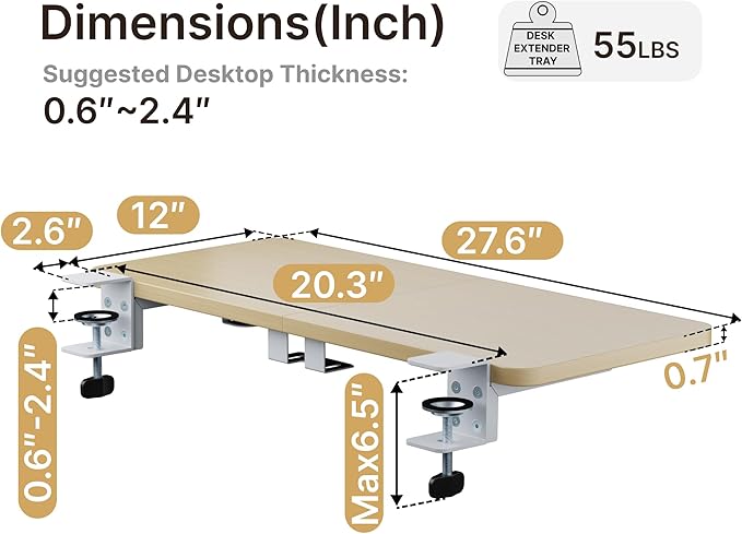 PEGZONE Desk Extender Tray, 28" x 12", with Laptop Holder, Large, Wood | Desk Extension, Clamp on Desk Shelf, Clamp On Keyboard Tray for Office and Home, Workstation Organizer