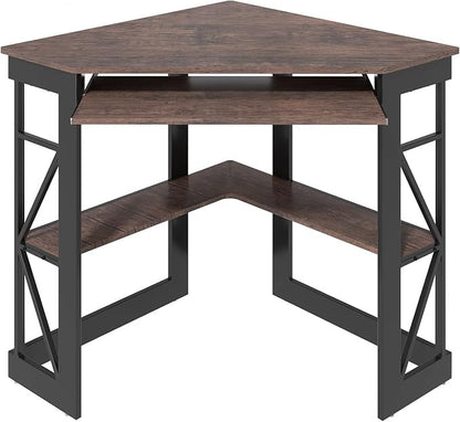 VECELO Corner Desk Computer Desk Writing Table with Smooth Keyboard Tray & Storage Shelves,Compact Home Office Triangle Table,Rustic Brown