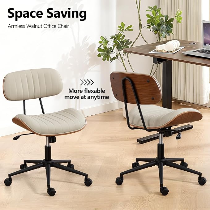Home Office Chair with Wheels, Adjustable Height Leather Swivel Desk Computer Chair, Armless Modern Walnut Chair for Office, Meeting Room, White