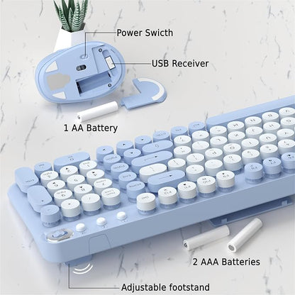 Wireless Keyboard and Mouse Combo, 2.4GHz USB Receiver, Plug and Play, Retro Full Size Typewriter Keyboard and Wireless Mouse for Computer, Laptop, Windows, Mac, and PC (Blue)