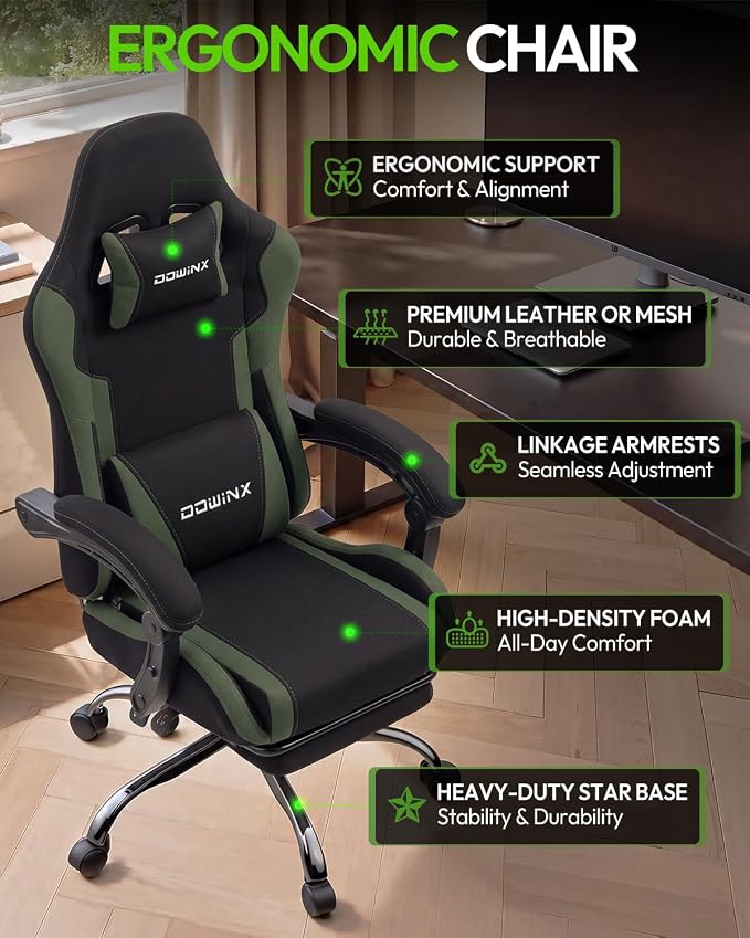 Dowinx Ergonomic Gaming Chair with Footrest & Massage Lumbar, 2D-Linkage Armrests for Computer Chair 330lbs with Headrest Pillow for Office, Home, Streaming and Long Gaming Sessions, Fabric Dark Green